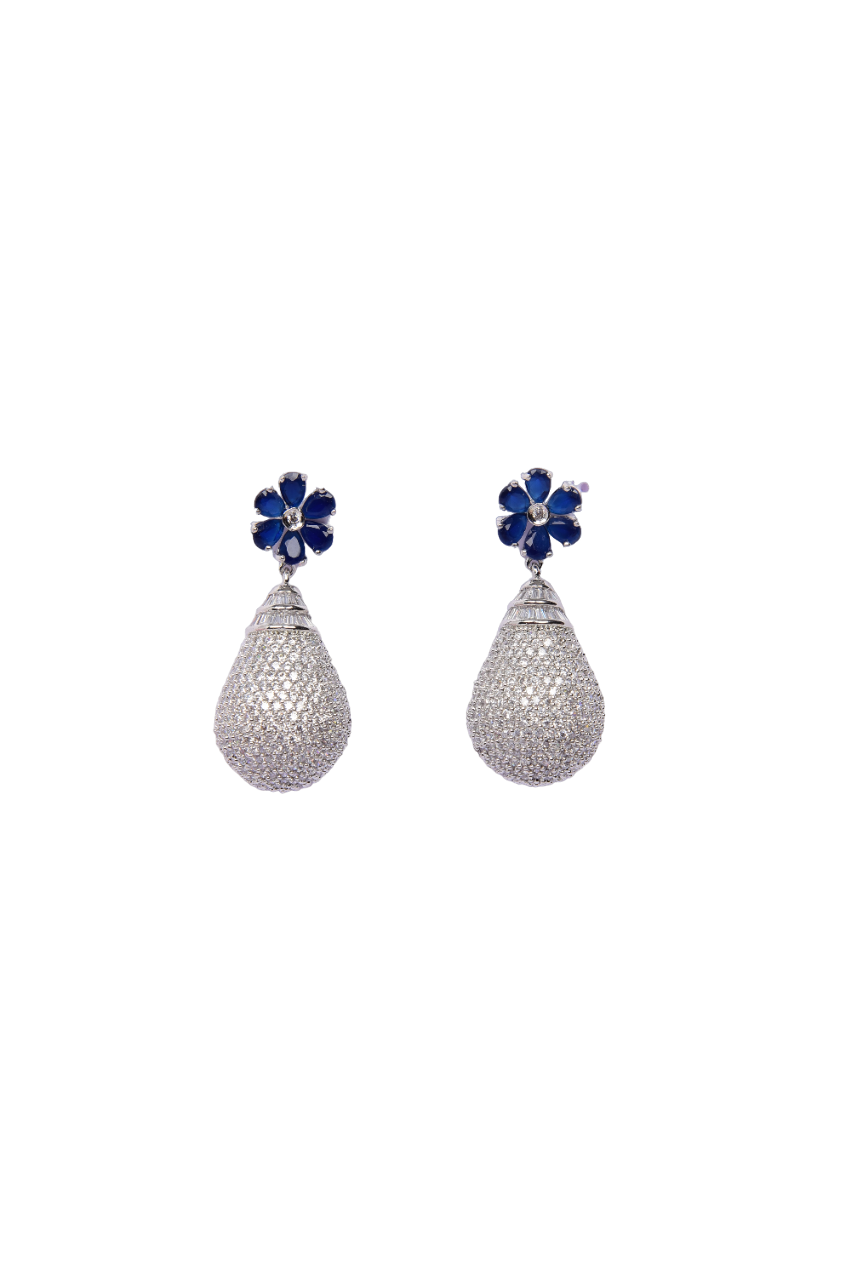 Namokriti Elegant Silver-Toned Flower Drop Earrings with Dark Blue Petals & sparkling Zircon Teardrop Dangler